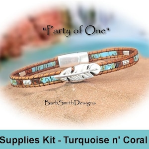 Kit de suministros (tutorial se vende por separado)-Kit de pulsera &quot;Party of One&quot;-Feather Slider-Turquoise n&#39; Coral (PTC)
