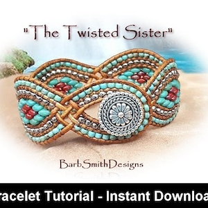 May include: A handcrafted bracelet with turquoise, red, and silver beads woven into a unique pattern. The bracelet features a central silver button with a floral design and is made with tan leather. The text "The Twisted Sister" is displayed above the bracelet.