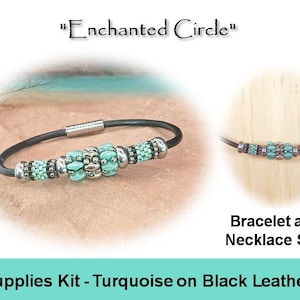 May include: A turquoise and silver beaded bracelet and necklace set on black leather. The set is called "Enchanted Circle" and is available as a supplies kit.