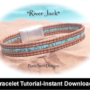 May include: A beaded bracelet tutorial featuring a brown leather base and turquoise blue beads. The bracelet has a magnetic clasp. The tutorial is titled "River Jack" and is available for instant download.