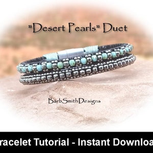 May include: A bracelet tutorial for a beaded bracelet with a leather strap and silver beads. The bracelet is called "Desert Pearls" Duet. The tutorial is an instant download.
