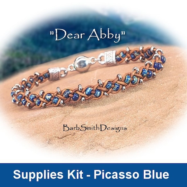 Zubehör Kit (Anleitung separat erhältlich)-"Dear Abby" Armband Kit-Picasso Kobaltblau auf .5mm Leder in AntikBraun (PBL)