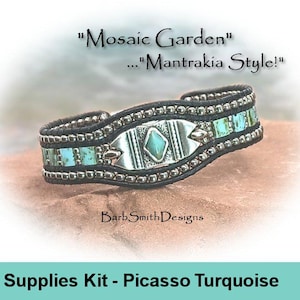 May include: A turquoise and silver bracelet with a mosaic design. The bracelet is made with leather and beads. The bracelet is called "Mosaic Garden" and is in the "Mantrakia Style".