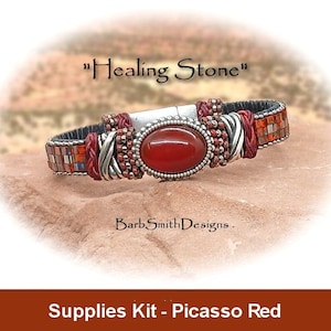 Supplies Kit (Tutorial Sold Separately)-"Healing Stone" Bracelet-Carnelian Gemstone-Flat Leather-Half Tila Beads-Picasso Red (PRD)