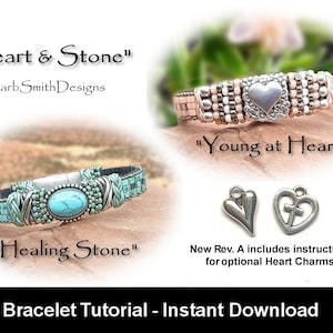 May include: A digital download for a bracelet tutorial. The image shows three bracelets with different colored stones and beads. The bracelets are labeled "Heart & Stone", "Young at Heart", and "Healing Stone".