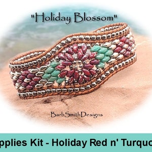 Supplies Kit (Tutorial Sold Separately)-"Holiday Blossom" Bracelet Kit in Holiday Red n' Turquoise on Brown Leather (PTR-BRN)