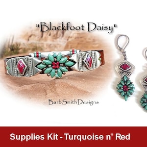 Supplies Kit (Tutorial Sold Separately)-"Blackfoot Daisy" Bracelet & Earrings Kit-Embossed Leather-Magnetic Clasp-Turquoise n' Red (PTR)