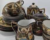 Japanese Satsuma Moriage 1000 Faces Hand painted Tea Set
