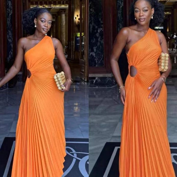 One-Shoulder Pleated Maxi Formal Evening Dress - Perfect for Any Occasion! Available in Orange, Purple, Yellow and More