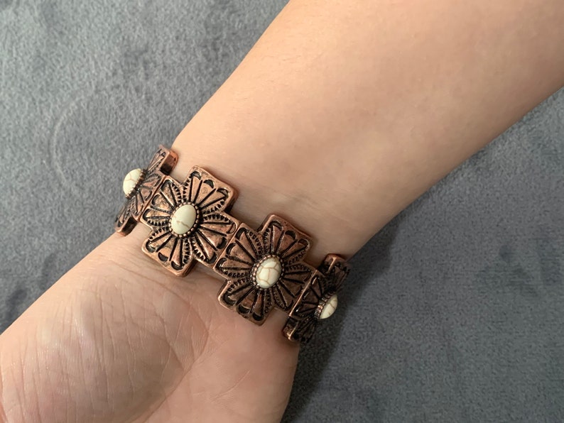 Copper tone Cross Howlite White Stone Bracelet