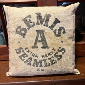 Grain sack Pillow | Farmhouse rustic Bemis Extra Heavy Seamless Feedsack “54”  Pillow, Pillow made from Vintage Feedsack, Primitive Pillow