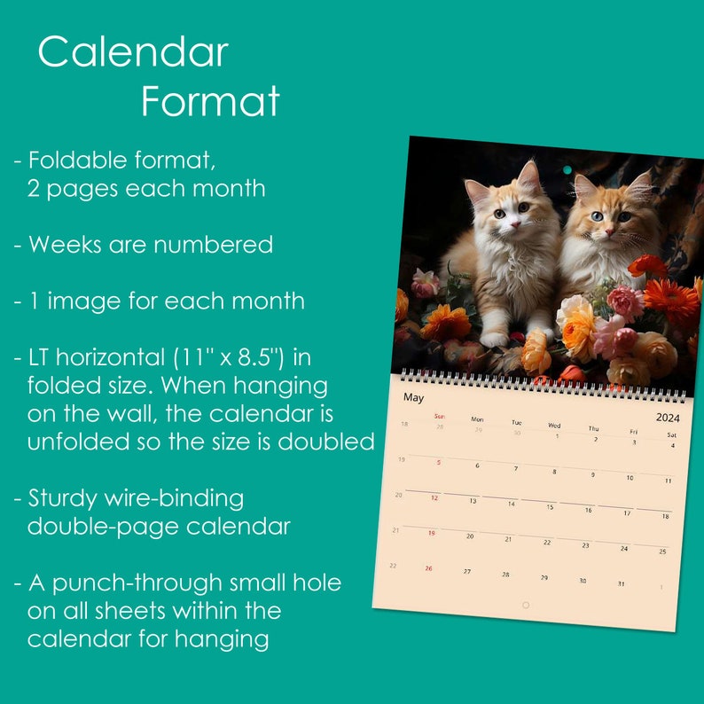 2025 Wall Calendar Cute Cats and Kittens With Flowers With Etsy