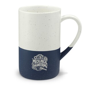 May include: A two-toned ceramic mug with a speckled finish. The top half is white and the bottom half is dark blue. A graphic on the front features gears, a piston, and a caliper with the text "MECHANICAL ENGINEERING" in a stylized font.