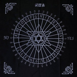 May include: A black circular pendulum board with a white star of David in the center and a white circle around the edge with letters A through Z and numbers 0 to 100. The board has the text "灵摆表" in the top center.
