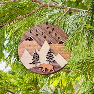 Mountain Bear Buck Moose Wolf Scene Layered 3D Wood Custom Ornament