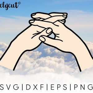 May include: Two hands are intertwined with fingers interlocked, forming a heart shape. The hands are outlined in black against a blue sky with white clouds.