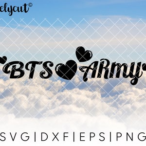 May include: Black and white graphic design with the text "BTS Army" and hearts. The design is set against a blue sky with white clouds.