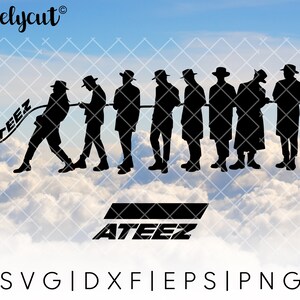 May include: Silhouette of eight people in hats, holding a rope that says "ATEEZ" in white letters. The word "ATEEZ" is also printed in white letters on a black bar below the people. The background is a cloudy sky.