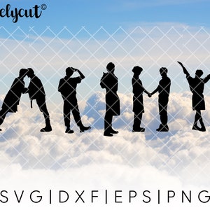 May include: Silhouette of seven people standing in a row against a cloudy sky. The people are all facing forward and appear to be holding hands. The image is in black and white.