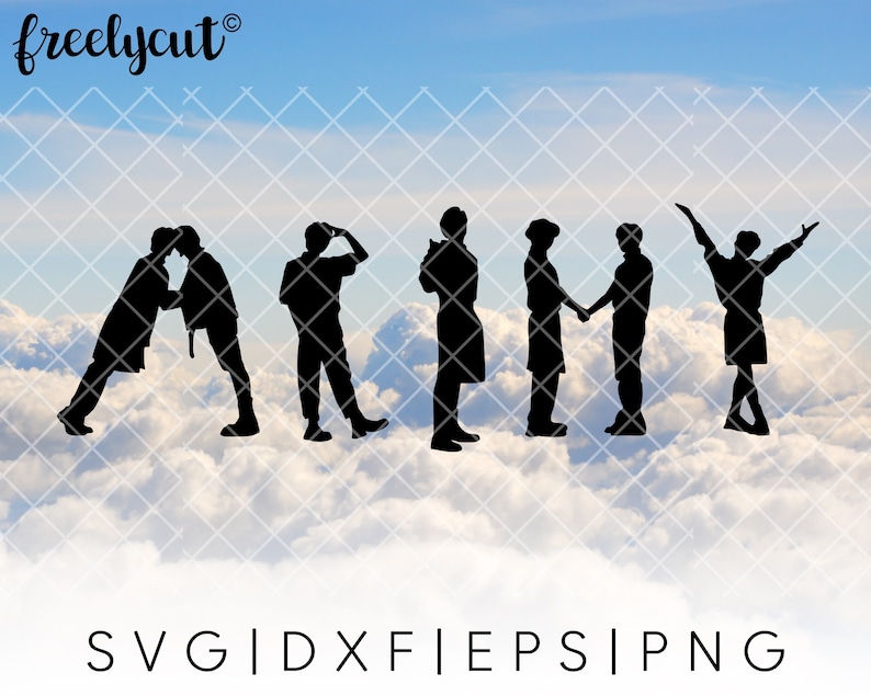 May include: Silhouette of seven people standing in a row against a cloudy sky. The people are all facing forward and appear to be holding hands. The image is in black and white.