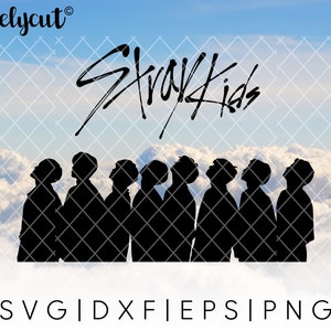 May include: Black silhouette of eight people standing in a row, looking up at the sky. The text "Stray Kids" is written in white above them against a blue sky with white clouds.