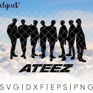 May include: Black silhouette of eight men standing together in a line, with the word "ATEEZ" in bold white letters below them. The background is a cloudy sky.
