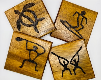 Hawaii Coaster, Hawaiian Polynesian petroglyphs Monkey Pod Wood coasters