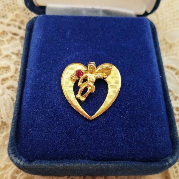 Vintage Angel Lapel Pin, Gold Tone Heart Tack Pin, Guardian Angel scatter pin