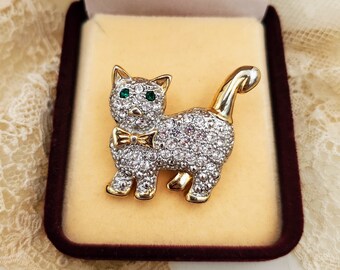 Cute Vintage Cat Pin, Gold Tone Sparkly Kitty Brooch