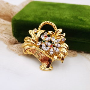 Vintage Flower Basket Brooch Bouquet, Gold tone Plant Pin