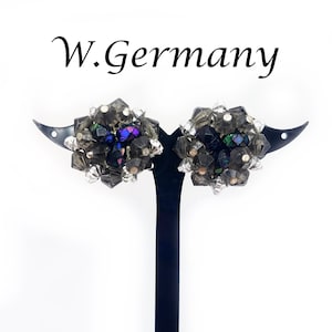 Vintage witchy non pierced beadwork earrings, Western Germany silver gray earrings,  Fake clip on earrings
