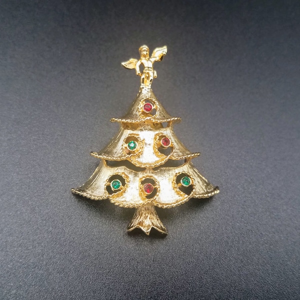 Christmas Tree Angel vintage pin, Ballou Reg D gold tone jewelry with red and green rhinestones, Holiday brooch, Gift for her