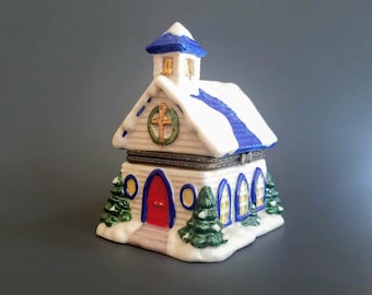 Vintage Porcelain Trinket Jewelry Box, Bisque Church, Small Ring Box