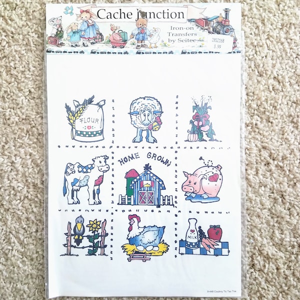 Home Grown Dimensional Velour Iron On Transfer, Cache Junction iron on transfers by Seitec, Country Tic Tac Toe, Vintage 1990s, DIY project