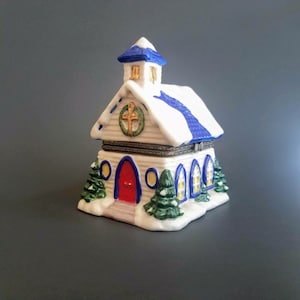 Vintage Porcelain Trinket Jewelry Box, Bisque Church, Small Ring Box