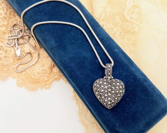 Large 925 Puffed Pave Heart Pendant and Snake Chain 24" Necklace, Vintage Sterling Silver puffed pyrite black necklace