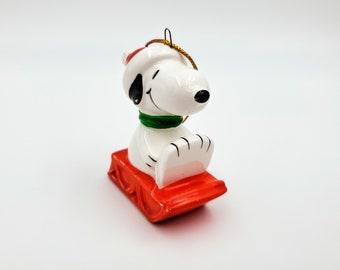 Snoopy in Santa Cap on Sleigh Christmas Ornament, Vintage Peanuts 1966 Ceramic Ornament, Made in Japan, Secret Santa Gift
