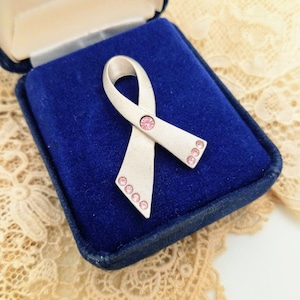 AVON Signed Breast Cancer Awareness Ribbon Pin, Vintage Silver Tone With Pink Rhinestones Lapel Pin, Scatter Tack Pin