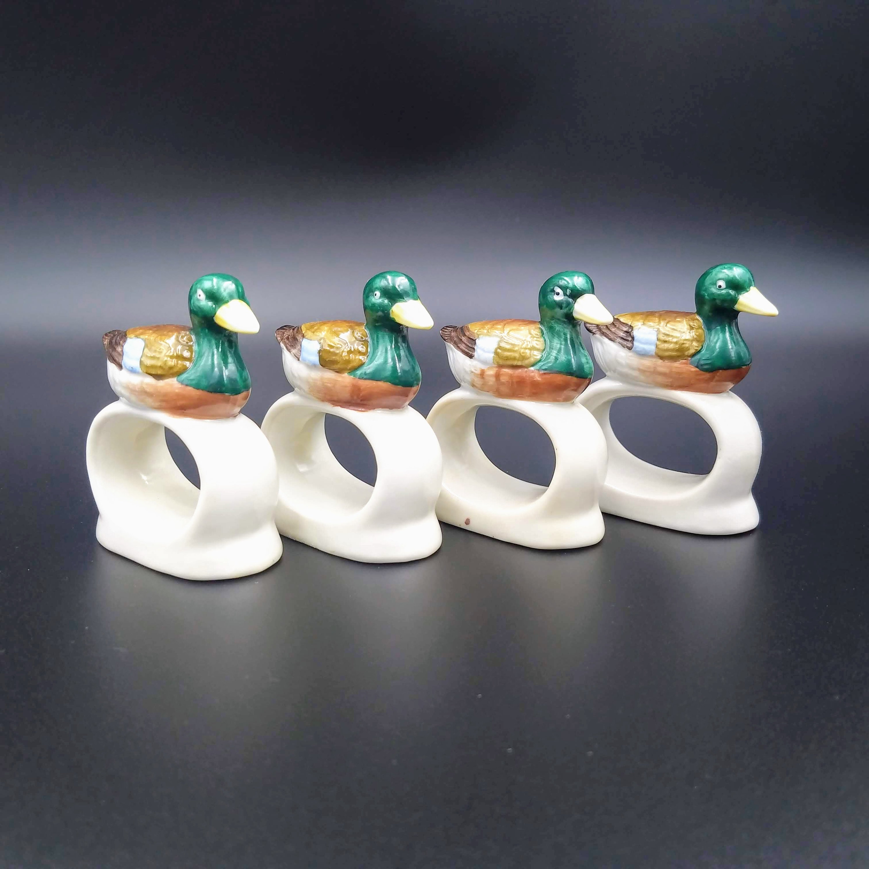Lego Korea Mallard Duck Napkin Rings Vintage 1970s Ceramic Hand Painted Hunter Green Wedding Table Decor Set of 4 Holiday