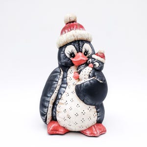 Christmas Penguin Mom & Baby Figurine Ceramic Piggy Coin Bank 7&quot; Hand Painted