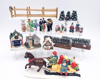Department 56, Lefton and other Christmas Village People Collectible Figurines, Miniature Houses, Trees, Chose Group