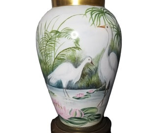 Antique Lenox Belleek Vase Lamp Hand Painted Porcelain Lotus Cranes Cira 1900