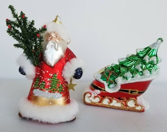 2 Blown Glass Christmas Ornament 5" Santa n Sleigh Glitter Fur Hand Painted Mint