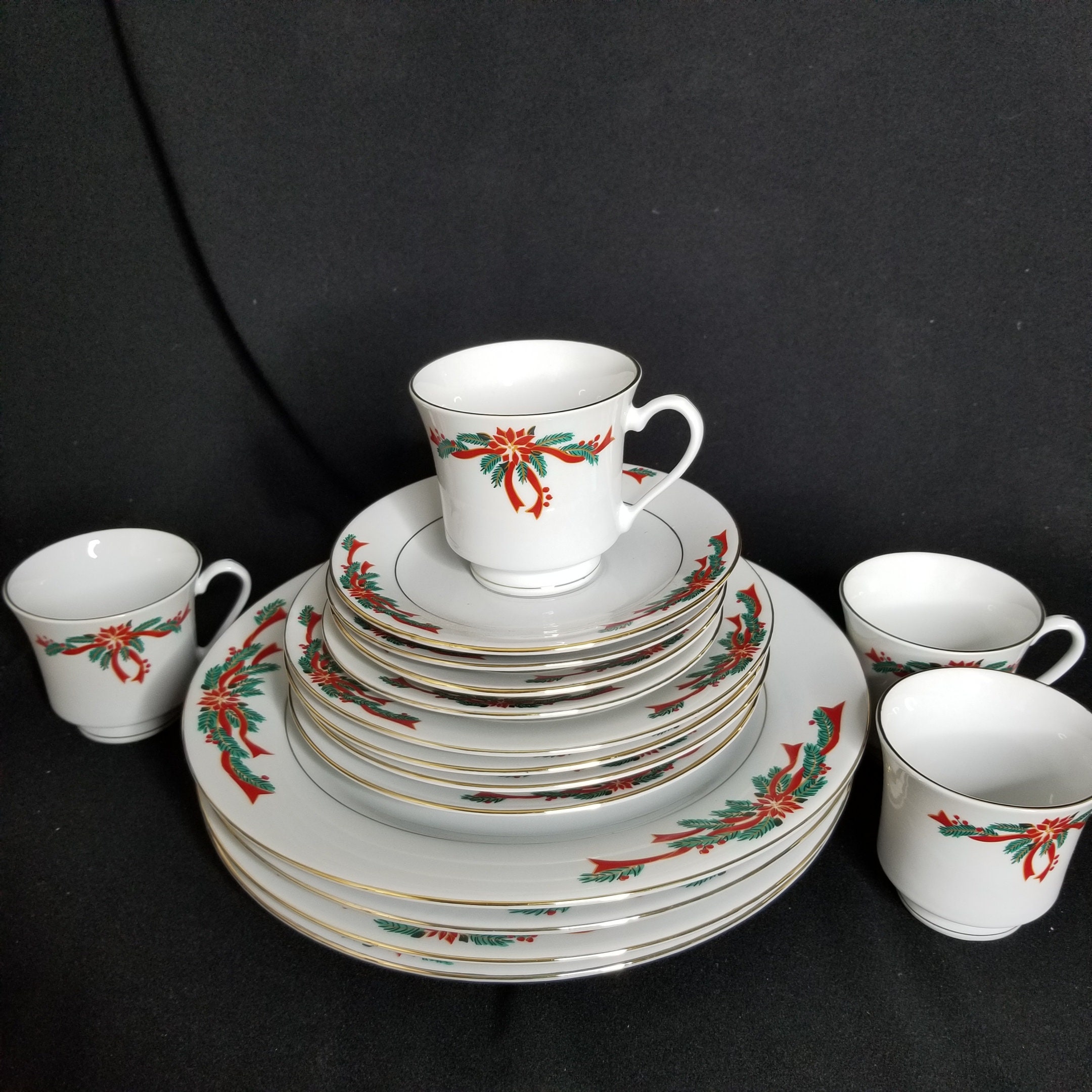 Poinsettia & Ribbons Christmas Fine China Dinnerware Set 16 Etsy 日本