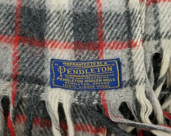 Vintage Pendleton Stadium Blanket Ivory Gray Red Wool Plaid 52x62