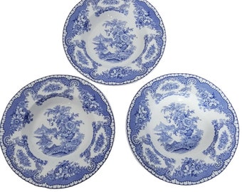 Vintage Set of 3 John Maddock & Sons Royal Vitreous Bombay Blue Rimed Soup Bowls