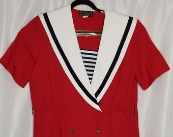 Vintage Womens Sailor Dress Size 18W Red White and Blue Metal Button Made in USA
