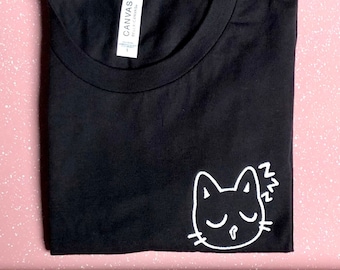 Glow in the dark Sleepy Cat Shirt, Black Cat Lightweight T Shirt, Adult Unisex, Kawaii Embroidered Tee, Cat Lover Gift, For Him, For Her
