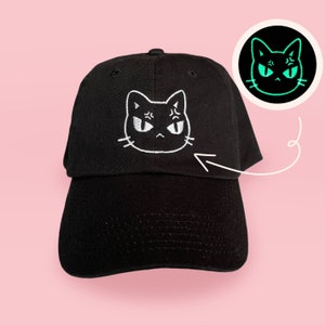 Glow in the Dark Embroidered Dad Hats for Cat Lovers, Cute Cat Expressions, Adult Unisex Baseball Cap, Adjustable Strap Back, Unique Gift image 2