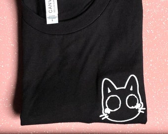 Glow in the dark Crying Cat Embroidered Shirt, Black Adult Unisex Lightweight Tee, Cute Crybaby Kitty Embroidery Shirt, Kitten Lover Gift